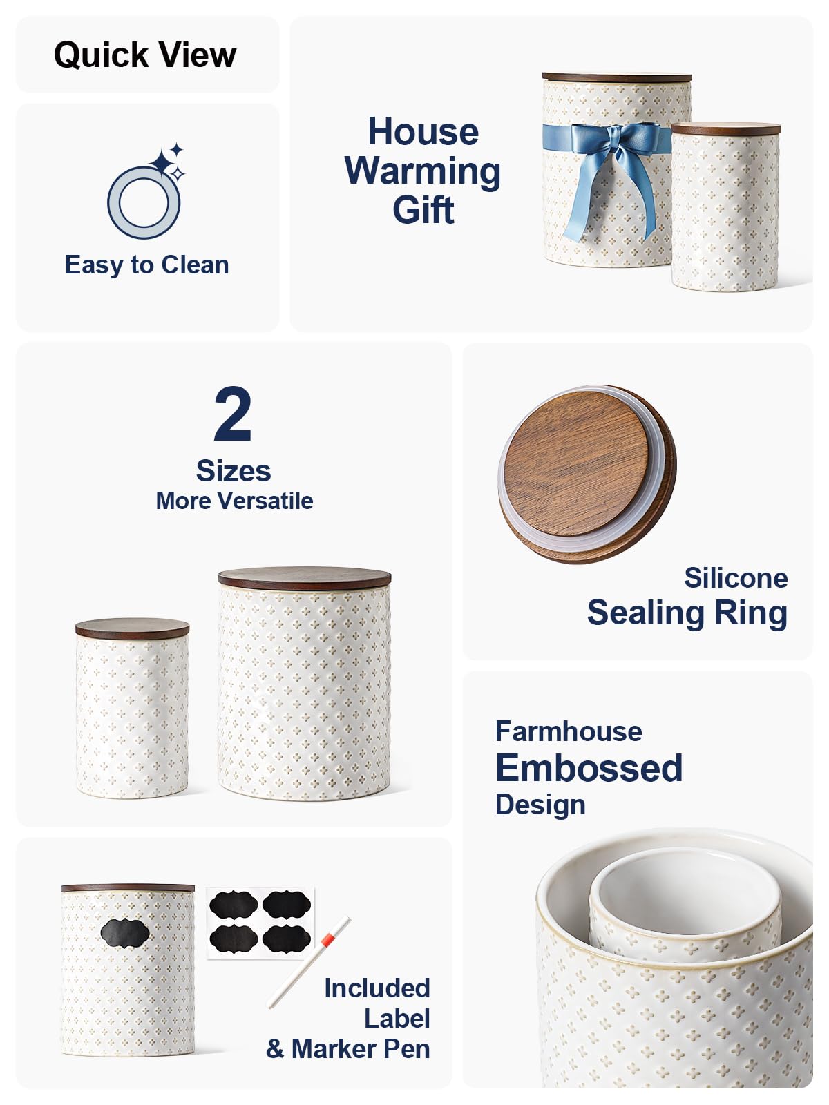 LE TAUCI Ceramic Coffee Canister Set with Airtight Lids, Decorative Food Storage Jars for Sugar, Flour and Tea - Large Kitchen Countertop Canisters for Pantry Decor, Set of 2 (78/25 oz), Clover