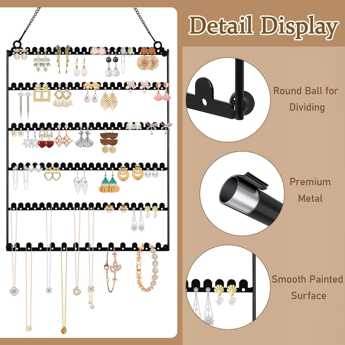 milylove 6 Tier Earring Holder Wall Mounted Hanging Earring Organizer, Earring Display Storage with 123 Holes and 129 Grooves Jewelry Organizer Tree for Stud/Hoop/Dangle Earrings Necklace（Black）
