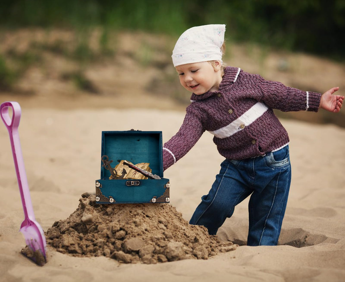 WaaHome Wood Treasure Box 5.5'' Small Decorative Teal Pirate Treasure Chest Jewelry Keepsakes Box for Kids Girls Boys Women Gifts Home Decor