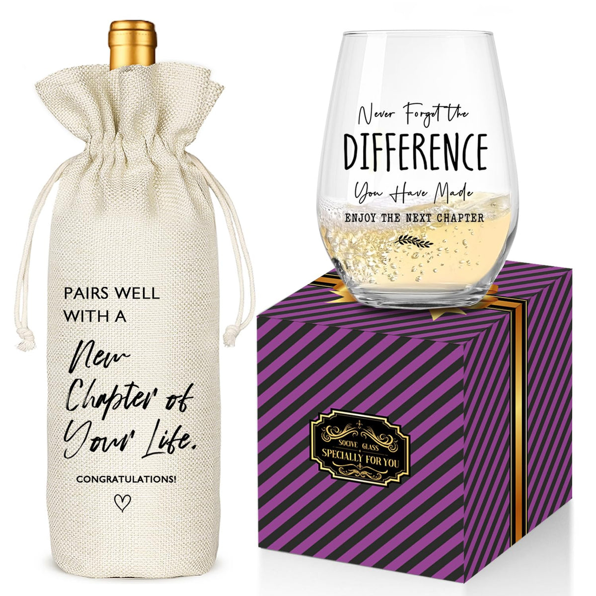 Socive New Job Gifts Wine Glass, Farewell Gifts for Coworkers Women Men, Funny New Job Glass and Wine Bag Set, Going Away Gift for Friends Boss Colleague, Pairs Well With a New Chapter of Your Life
