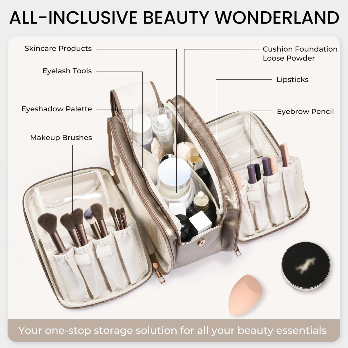 Travel Makeup Bag Women's Large Capacity Cosmetic Portable Organizer Large Opening Waterproof Storage Toiletry Bags Vertical Free-Standing Brush Holder for Easy Access Copper