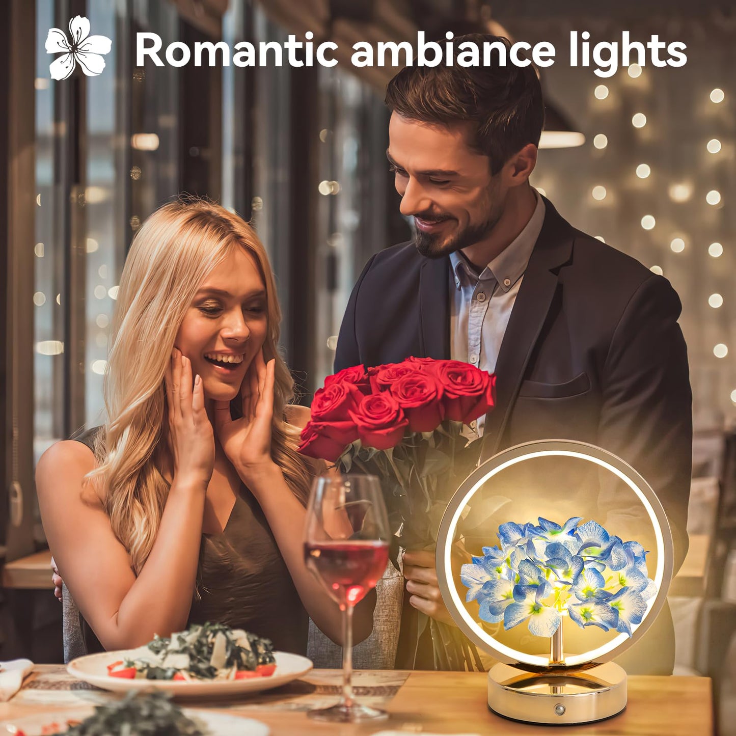JHXLAMP Birthday Gifts for Women Mom,Hydrangeas Flower Touch Lamp,Rechargeable Cordless 3 Way Dimmable Small Night Light for Bedroom,Living Room,Office Home Decor Thank You Gifts for Festival-Blue