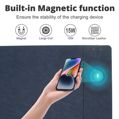 Magnetic Wireless Charging Desk Mat, 23.4"x15.6" Large Office Mouse Pad, Microfiber Leather Mouse Mat with Ultra-Smooth Surface, Waterproof Computer Keyboard Desk Mat for Office & Home, Laptop, Blue