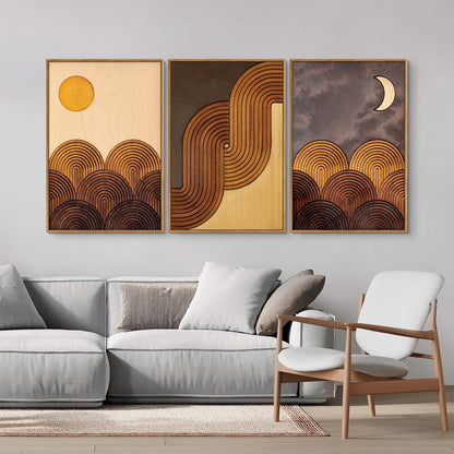 Tinonedraw Mid Century Modern Framed Canvas Wall Art Set, Boho Minimalist Geometric Arch Wall Decor, Bohemian Sun and Moon Art Paintings, Beige Brown Wooden Artwork for Living Room Bedroom 16"x24"x3