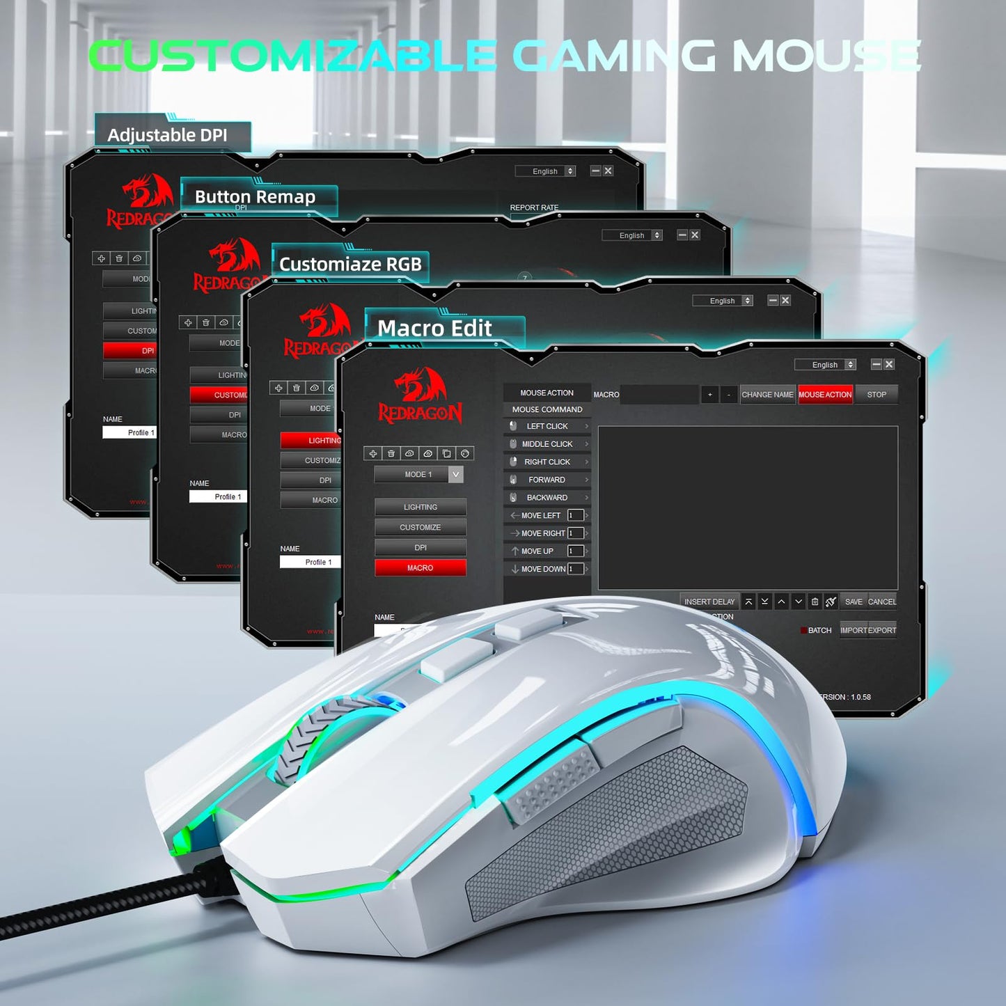 Redragon M602 Griffin RGB Gaming Mouse, RGB Spectrum Backlit Ergonomic Mouse with 7 Programmable Backlight Modes up to 8000 DPI for Windows PC Gamers (Black, Wireless)