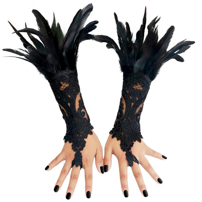 UQJE 2 Pcs Women's Black Feather Gloves Gothic Lace Long Gloves Cuff Witch Angel Costume Accessories for Wedding Halloween Party