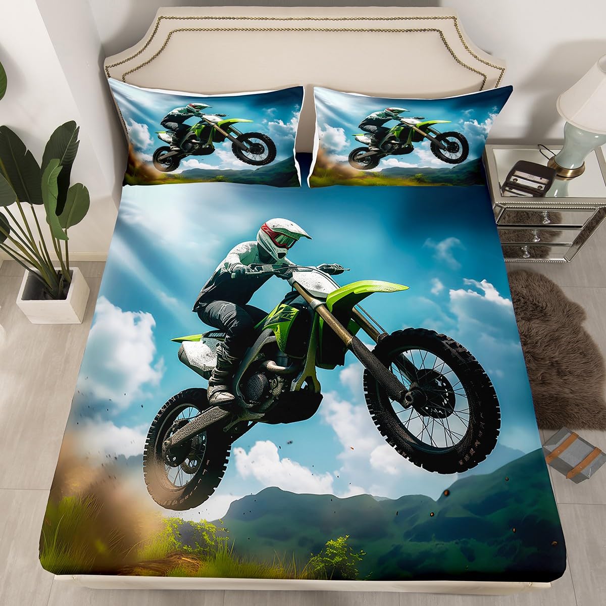 Feelyou Dirt Bike Bedding Set Extreme Sports Theme Bed Sheet Set Kids Boys Youth Motocross Racer Printed Duvet Cover Motorcycle Illustration Bed Cover Bedroom Decor 3Pcs Sheets Full Size