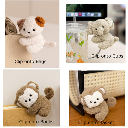 Cute Animal Plush Gift Set-Penguin Wrist Rest & 3 mini Plush Clips(Monkey,Dog,Elephant) Kawaii Cozy Desk Decor for Office, Study, Home,Gift Box Included