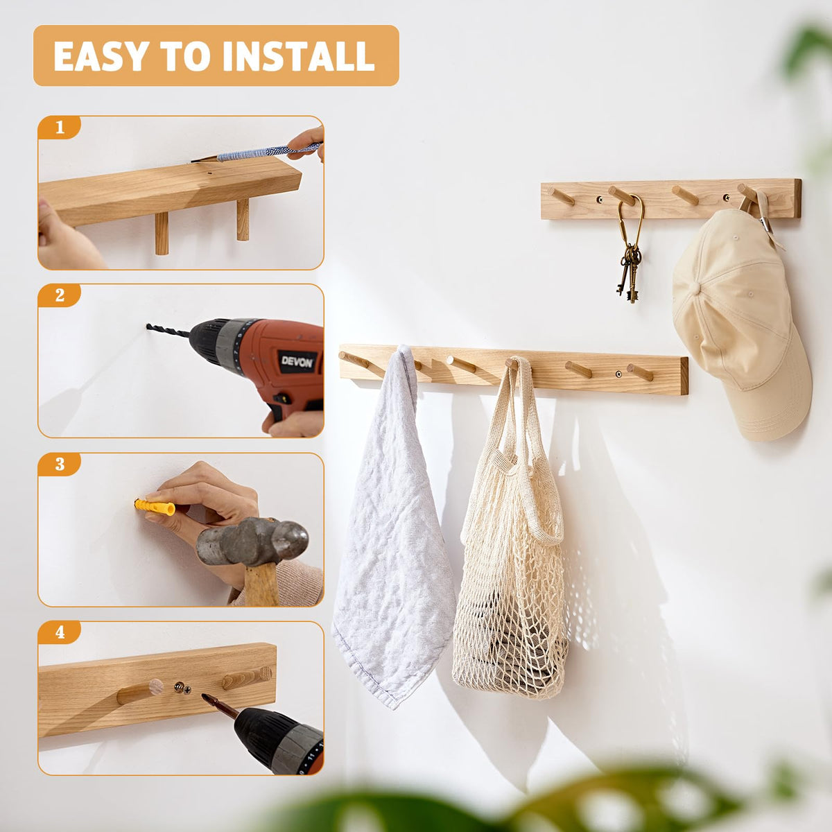 Wall Mounted Coat Rack 12 inches, Hickory Wood Wall Coat Hooks with 3 Hooks, Wooden Coat Hanger for Hanging Clothes Robes Towels Hats, Natural
