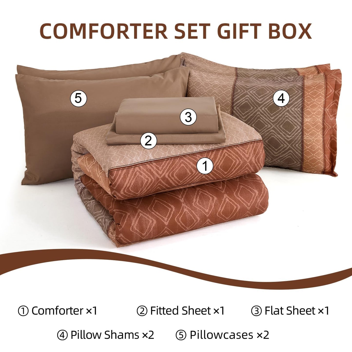 Dinjoy Boho Queen Comforter Set Red Brown,Lighrweight 7 Piece Bed in a Bag Queen Size Warm Striped Bedding Sets with Plaid Comforters Bed Set with Sheets for Family All Season