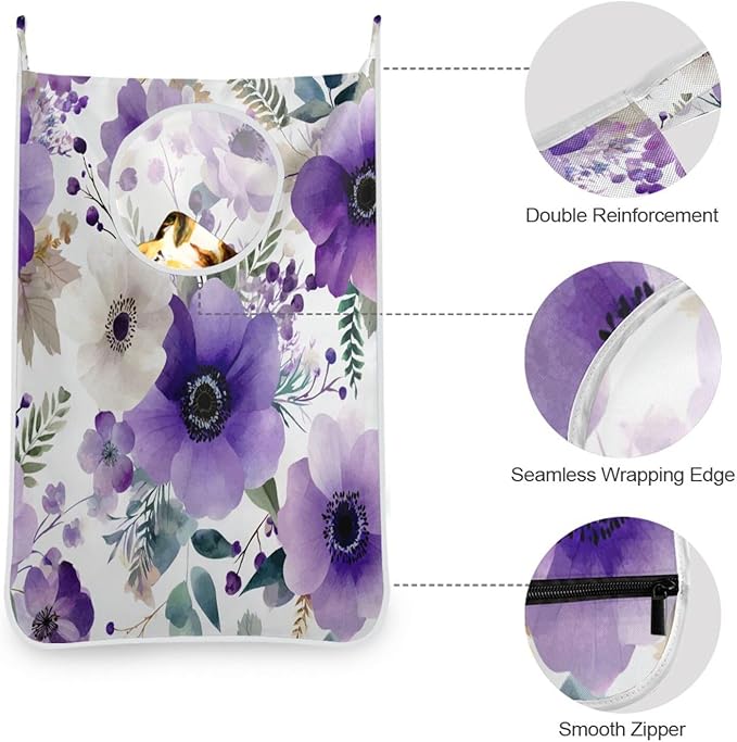 Purple and White Silver Lotus Flowers and Berries Hanging Laundry Hamper Door