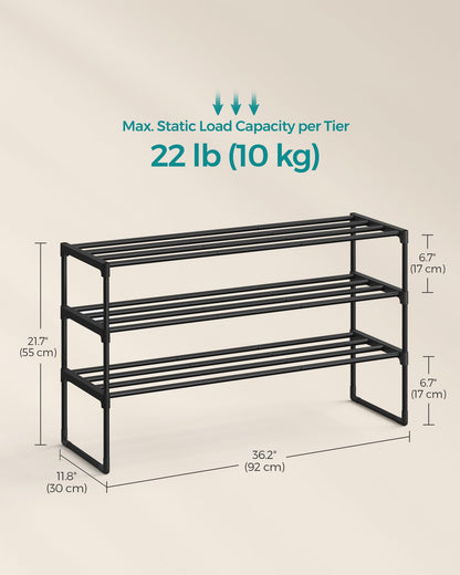 SONGMICS Shoe Rack, 3-Tier Shoe Organizer, Metal Storage Shelf, Upright or Upside Down, for 16-20 Pairs, Stackable, for Entryway, 11.8 x 36.2 x 21.7 Inches, Black ULSA303B02