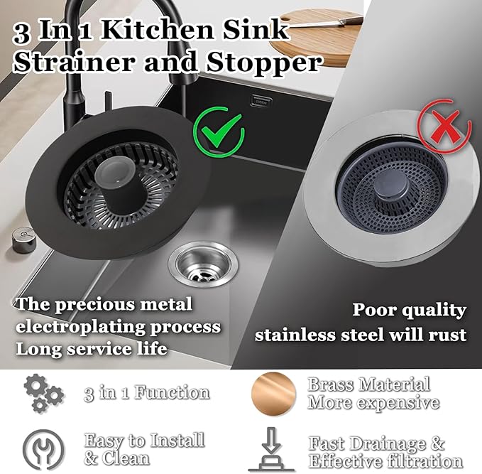 3 in 1 Kitchen Sink Stopper, Pop Up Kitchen Sink Drain Strainer,