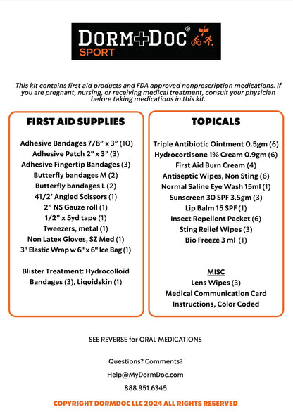 DormDoc Sports Pack First Aid Kit – Compact Emergency Medical Kit for Sports – with Bandages, OTC Medicines for Relief, Gauze, Quick Care Set – Portable Health Kit - 125 PCS, Blue