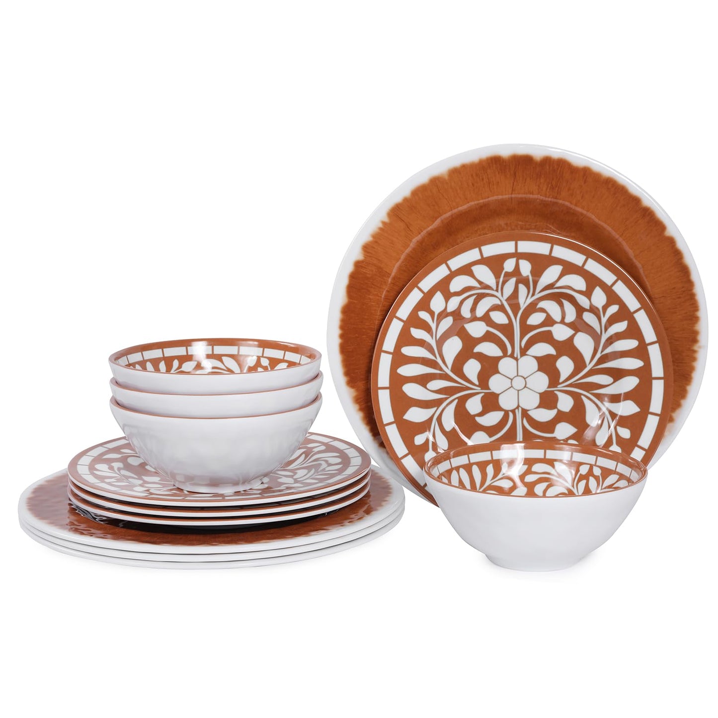 Yinshine Melamine Plates and Bowls Set, 12-Piece Melamine Dinnerware Set, Dinner Serving Dishes Set for 4, Unbreakable, Brown-Yellow