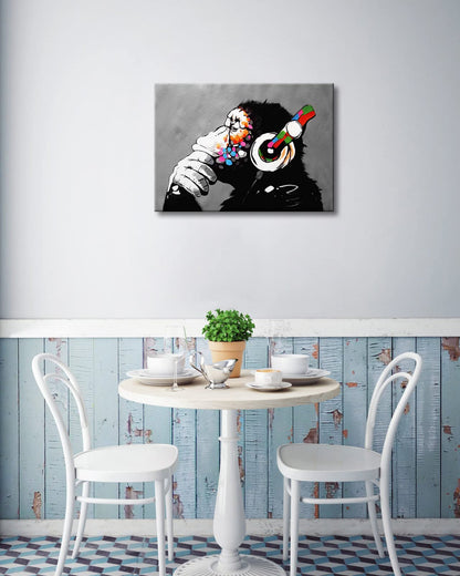 Wieco Art Black Framed Monkey With Headphones Banksy Graffiti Art Abstract Canvas Paintings Prints Animal Canvas Wall Art for Wall Decor and Home decorations Office Decor
