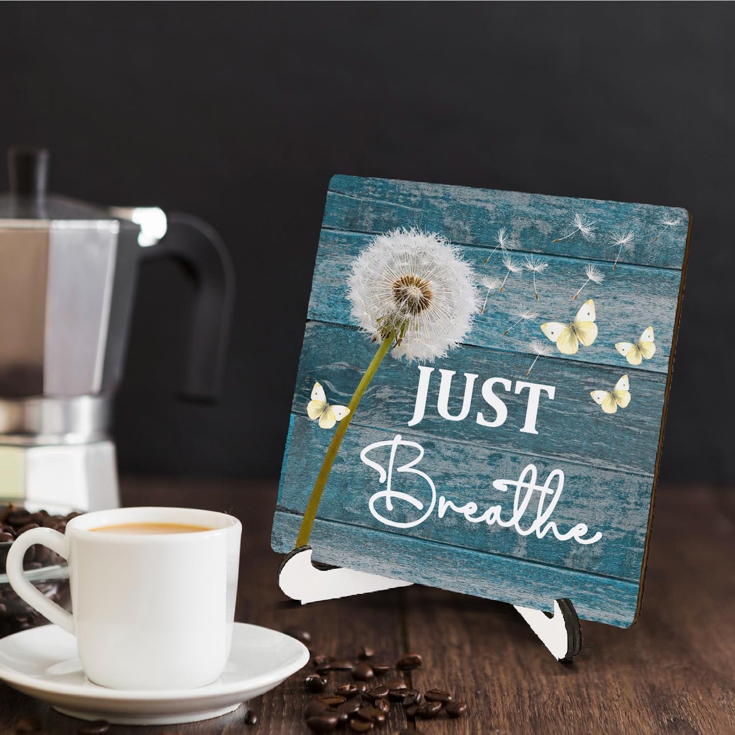 HSIASHENG Just Breathe Wooden Decor 5"X5", Just Breath Wooden Desk Table Sign for Home Office Restroom Living Room Bathroom, Funny Quote Decorative Gifts for Man Woman Friends (5x5 Inch)