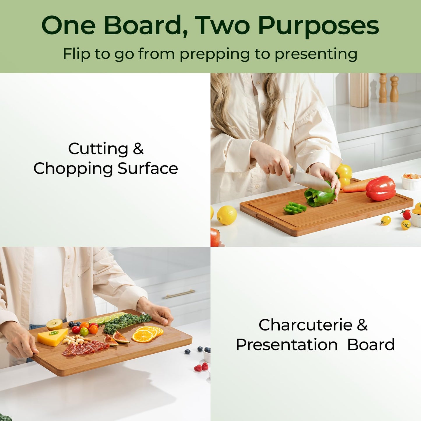 Bamboo Cutting Board, Durable Wood Cutting Boards for Kitchen with Deep Juice Grooves & Built-in Handles, Ideal Charcuterie & Chopping for Meat, Vegetables and Fruits Ideal Kitchen Gifts