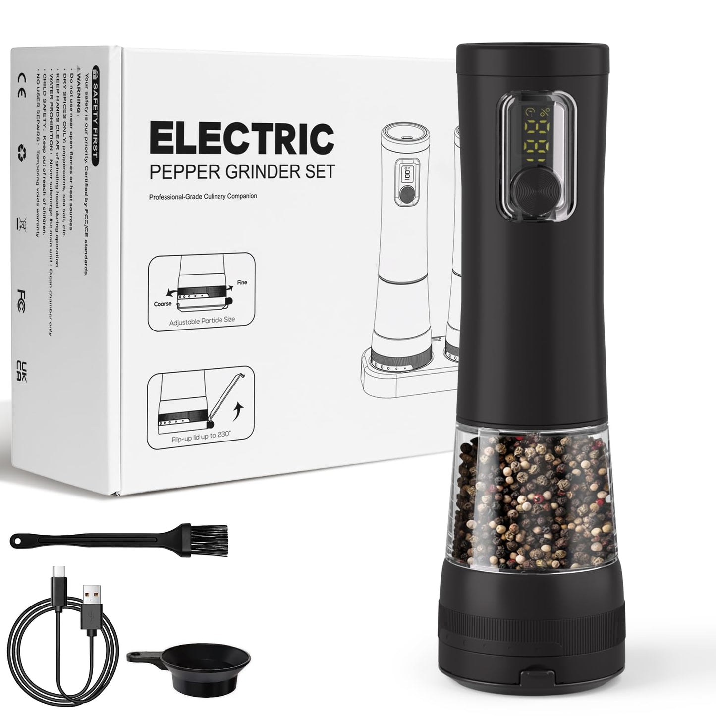 Electric Salt and Pepper Grinder, Rechargeable Automatic Pepper Mill with Base,5-Level Adjustable Coarseness, Display, LED Lighting, Large Capacity-Ideal for Kitchen, BBQ Gifts (1, Black-A)