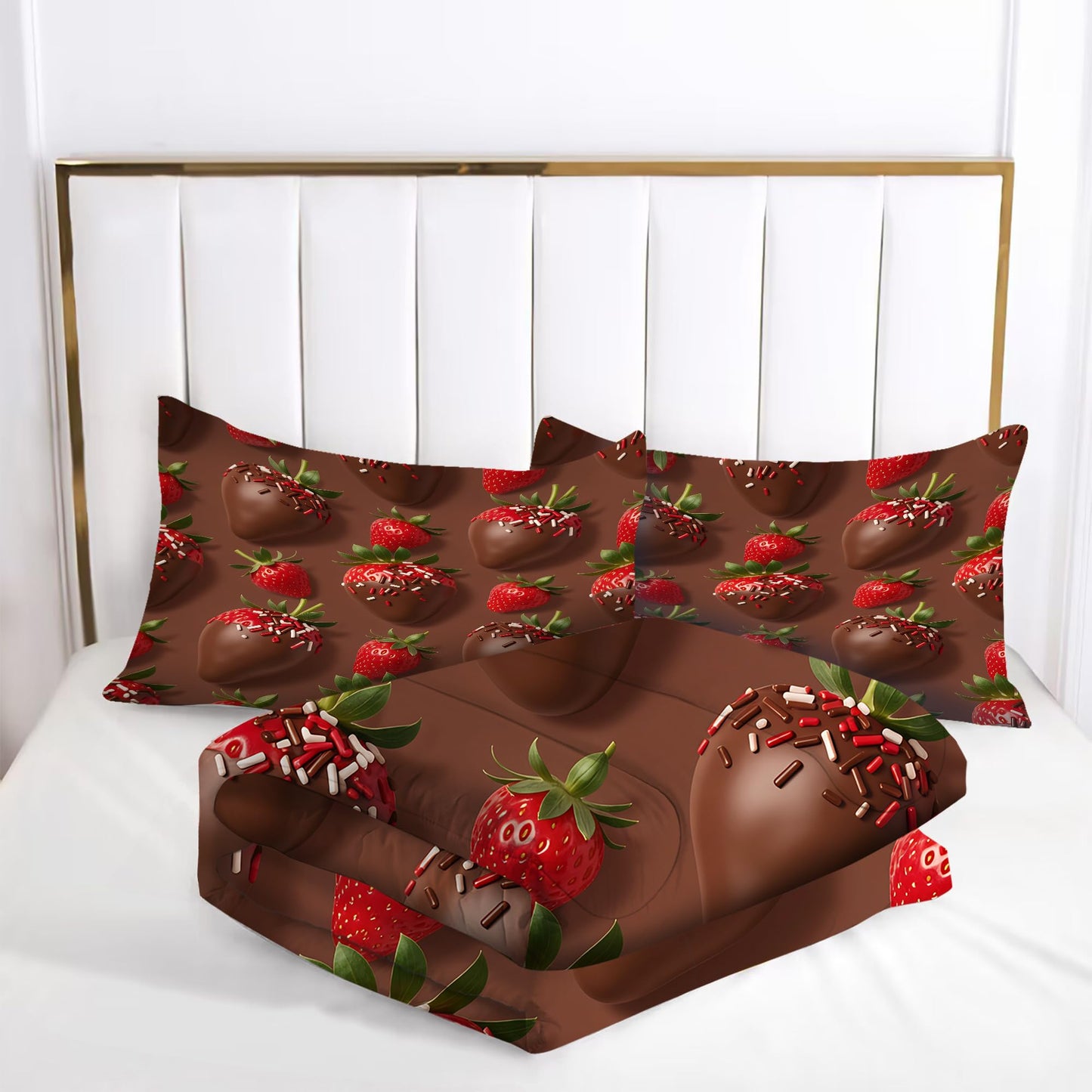 VTKON Chocolate Strawberry Comforter Set Queen for Kids Girls Sweet Dessert Print Bedding Set 3 Pcs with 1 Comforter and 2 Pillowcases Brown Bed Set Bedroom Decor