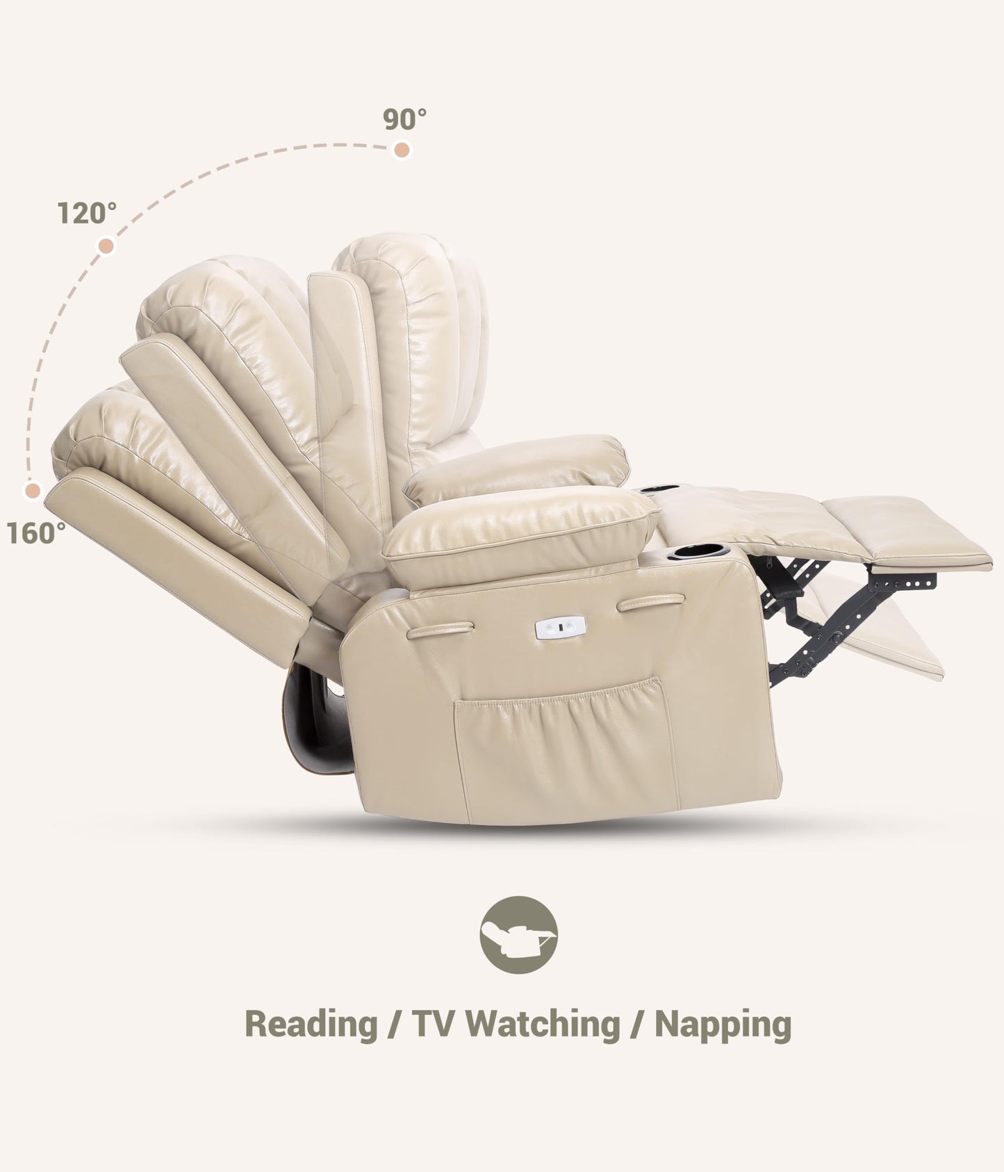 EliteEdge Oversized 27" Electric Recliner Chair with Massage & Heat, PU Leather Swivel Rocker Recliner with Remote Control and Cup Holders, Lounge Chair for Living Room, Bedroom, Nursery, Beige