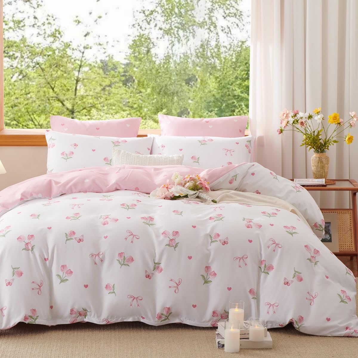 Erwinmu Floral Comforter Set King Size - 3 Pieces Pink White Floral Tulips Bow Comforter Bedding Sets Reversible Pattern,King Bed in a Bag with Flowers Comforter and 2 Pillowcases