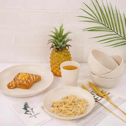 LIYH 32 Pcs Beige Wheat Straw Dinnerware Set for 8, Plastic Plates and Bowls Set, Unbreakable Dishes Set for 8, Dishwasher & Microwave Safe Reusable