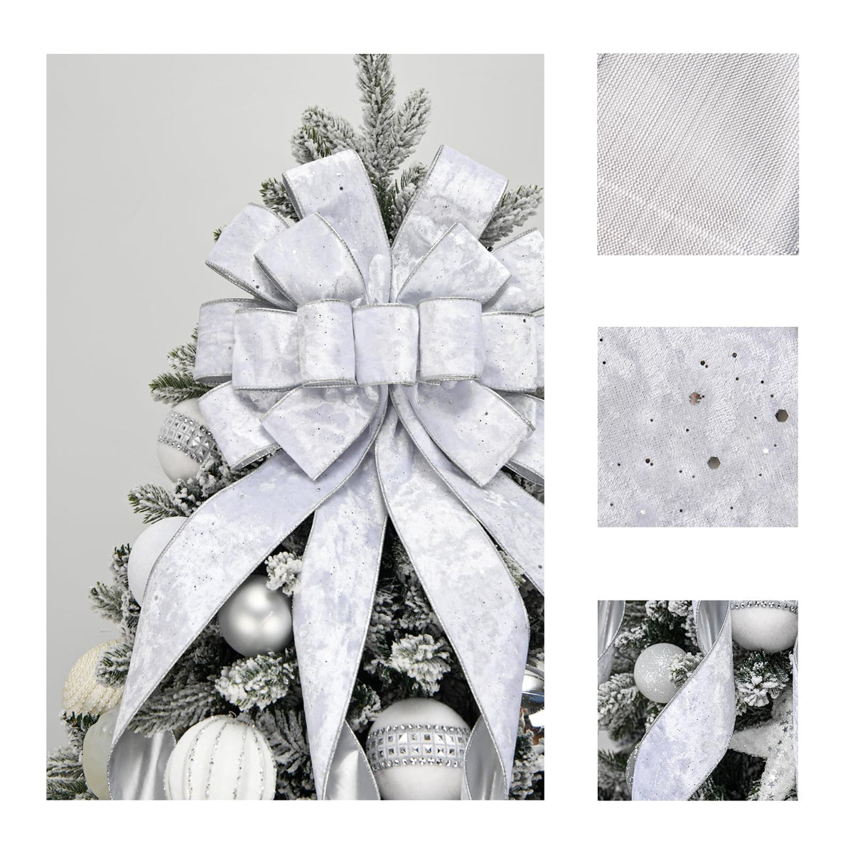 BUVANE Christmas Tree Topper,48x13 Inches Velvet Toppers Bow,Large Decorative Bows for Christmas Decoration (Silver)