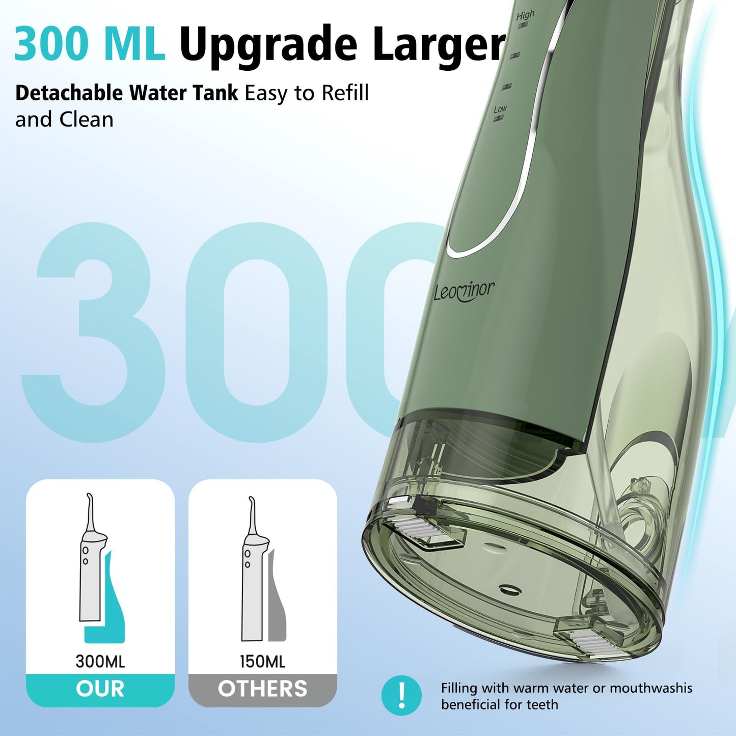 Leominor Water Flosser Pick for Teeth, 300ML Portable Oral Irrigator Upgraded Tank Removable,IPX7 Waterproof, Rechargeable Travel Teeth Cleaner, Professional Electric Flossing Machine (Pink)