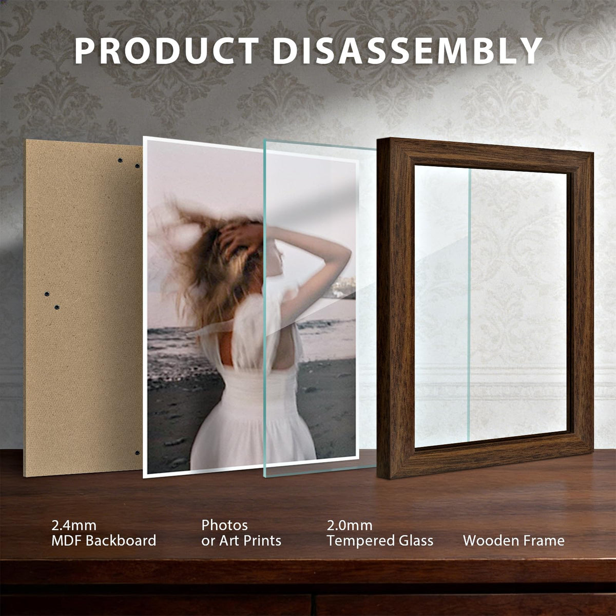 KissNow 8x10 Picture Frame 5-Pack - Brown Wooden 10x8 Frames with Tempered Glass, Classic Tabletop Gallery Frames for Photos & Art Prints
