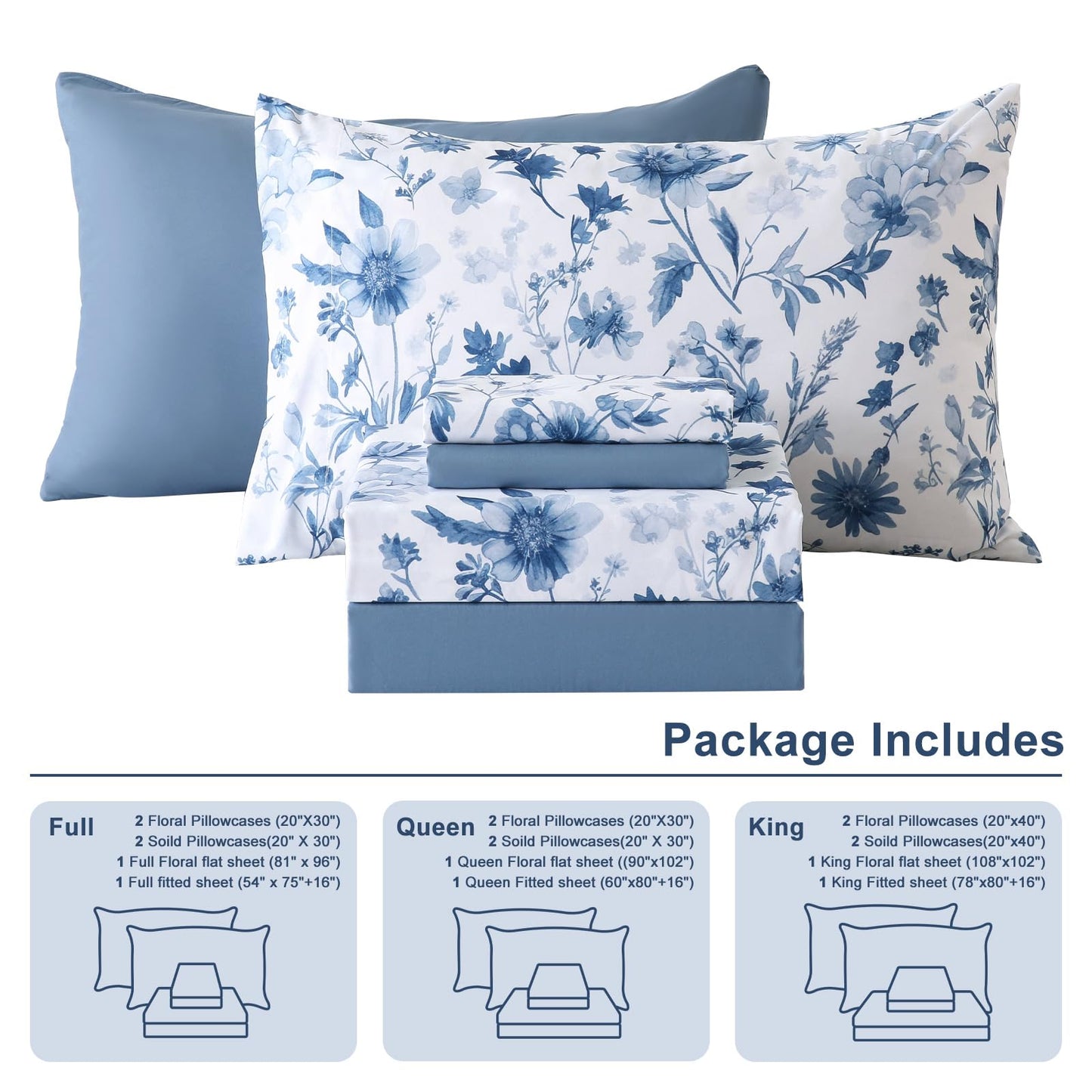 Botanical 6-Piece Queen Bed Sheets Set, Boho Floral Print Brushed Microfiber Sheets, Cooling Bed Sheet Set, Ultra Soft & Breathable, 16' Deep Pocket Fitted Sheet & Pillowcase Set, Grey Blue Floral