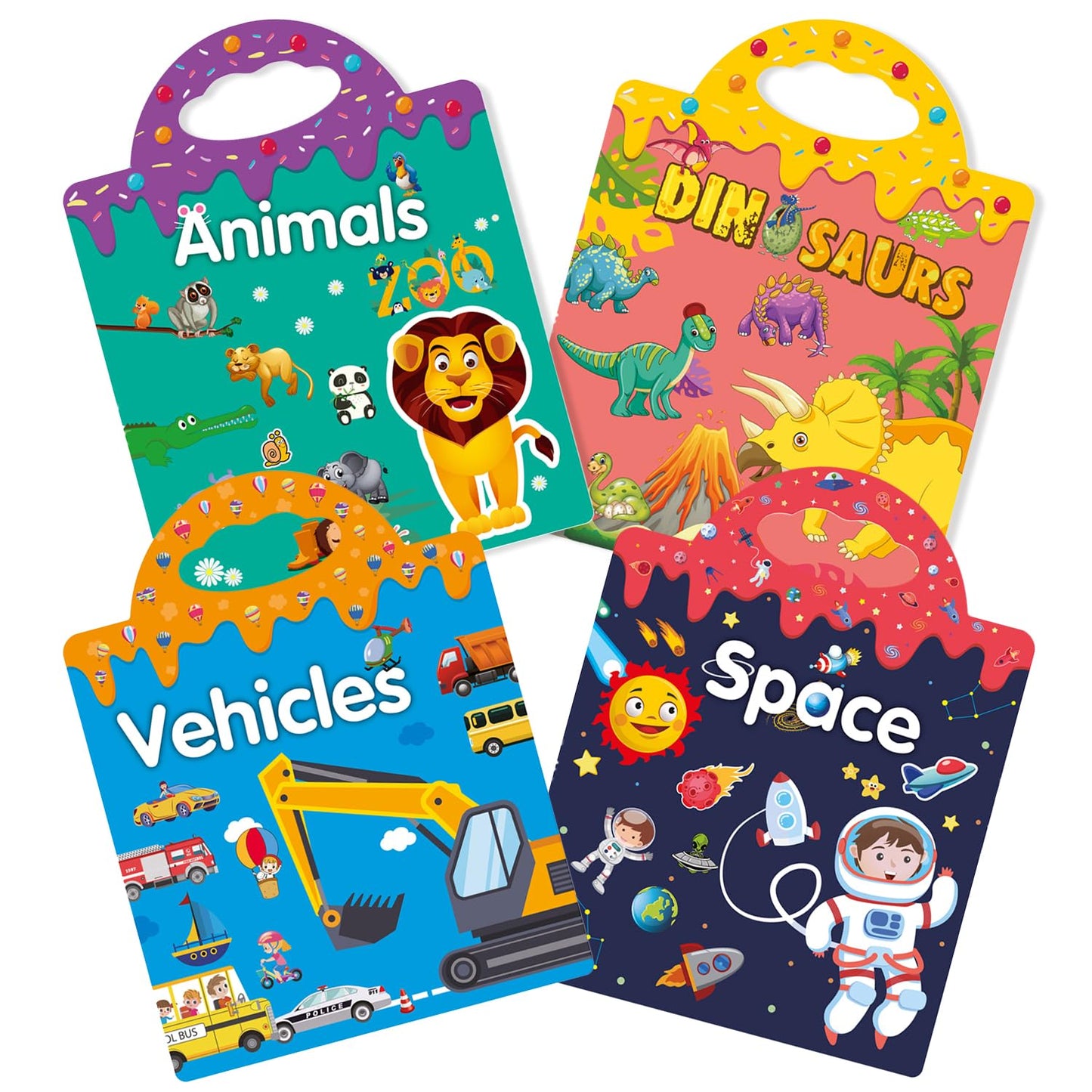 GUYUCOM 4 Pack Reusable Sticker Books, Toys for Age 3 4+ Year Old Kids Boys Girls Toddlers, 3D Clear Animal Space Vehicles Dinosaur Sticker Book Educational Learning Toy Birthday Gifts