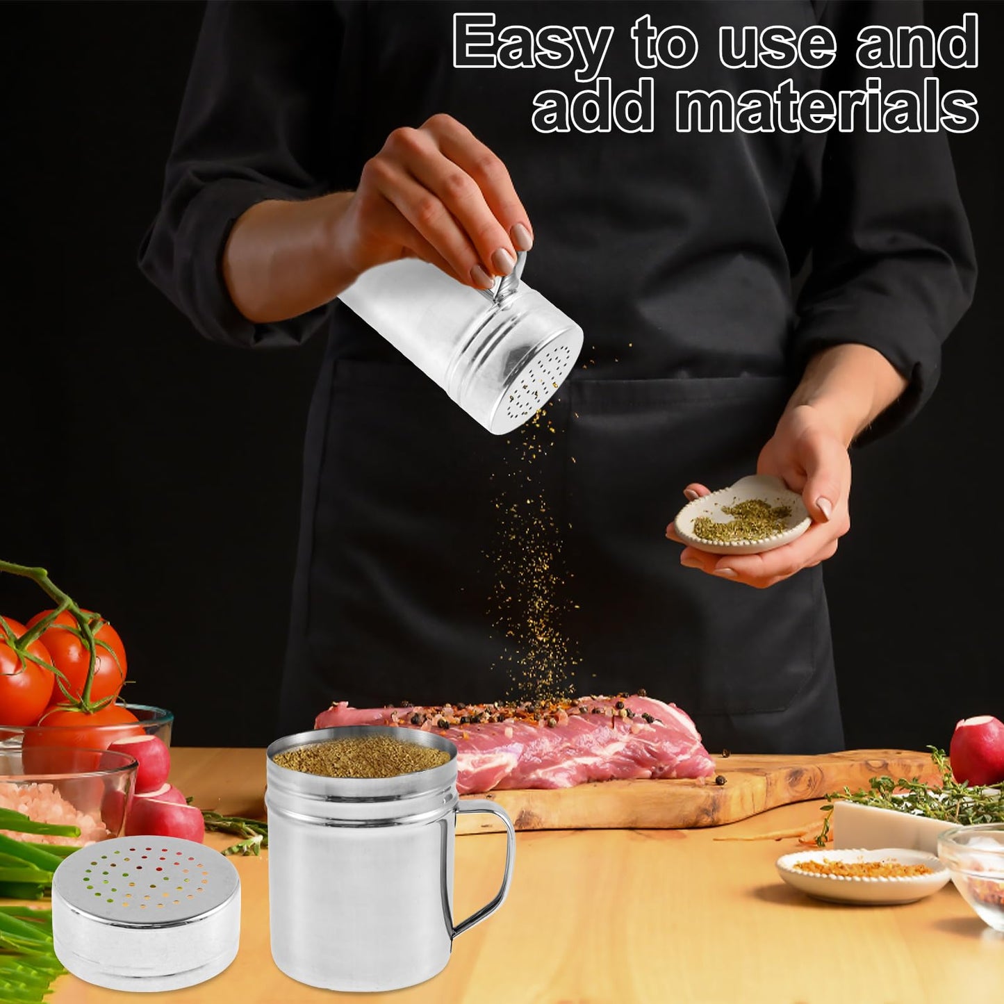 BXUYAOXMC 4 Pcs Stainless Steel Salt and Pepper Shakers Set, 10oz & 14oz Spice Shakers with Handle and Airtight Lid, Large Holes for Powdered Sugar, Flour, Cheese, BBQ Rubs – Kitchen Storage