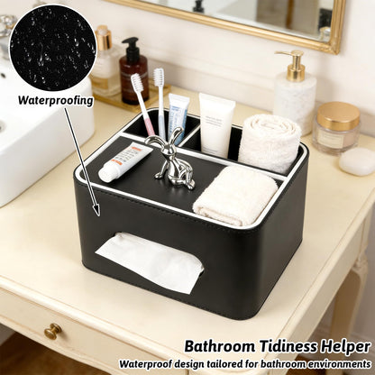 PU Leather Tissue Box Cover Square - Multifunctional Tissue Box Holder with Storage, Tissue and Remote Control Holder Organizer with Compartments for Bedroom Nightstand, Desk, Living Room (Black)