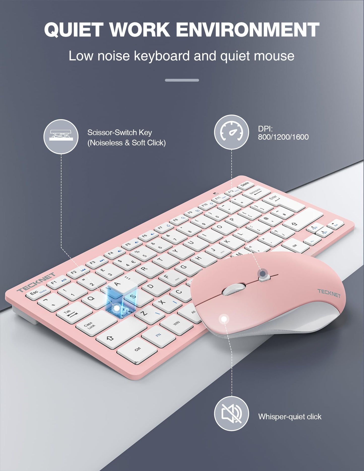 TECKNET Mini Wireless Keyboard and Mouse Set, 2.4G Cordless USB Keyboard and Silent Mouse Comb with Nano USB Receiver, 12 Multimedia Shortcuts for Computer, PC, Laptop, Desktop, Pink
