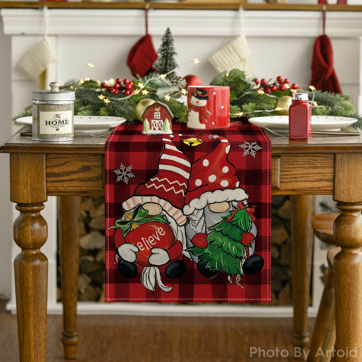 Artoid Mode Red and Black Buffalo Plaid Gnome Believe Snowflakes Christmas Table Runner, Seasonal Winter Holiday Kitchen Dining Table Decoration for Home Party Decor 13x72 Inch