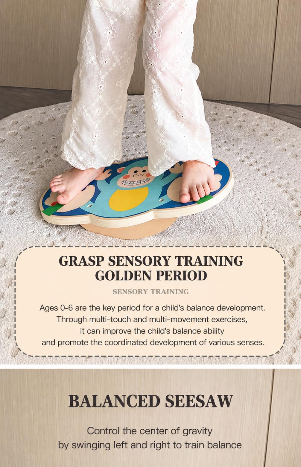 Wooden Balance Board Toy for Kids, Monkey Theme Balancing Game, Montessori Educational Toy, Active Play & Exercise