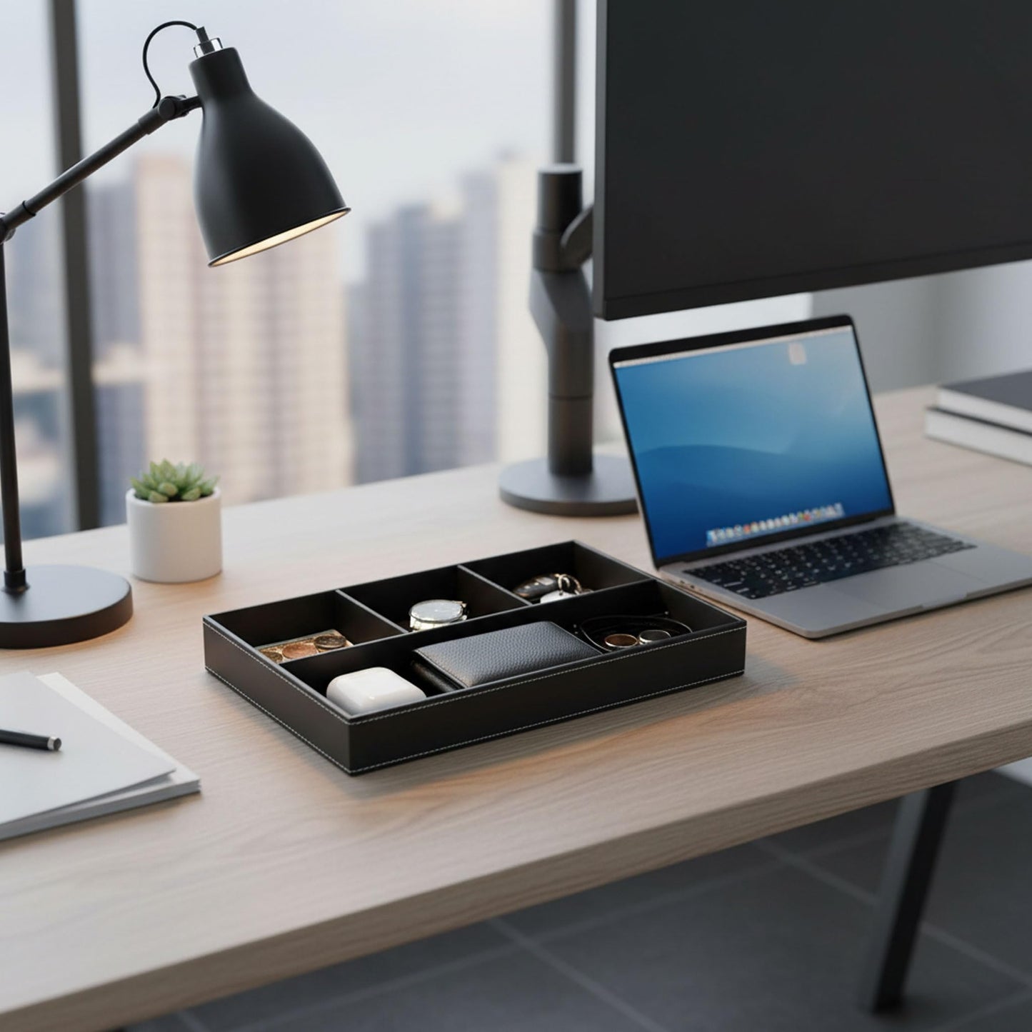 AUMISKY Leather Valet Tray Organizer, Stackable Nightstand & Dresser Storage Tray, Entryway Desk Catchall Tray for Keys Wallet Watch Phone, Bedside Desktop PU Leather Drawer Caddy Tray - Black