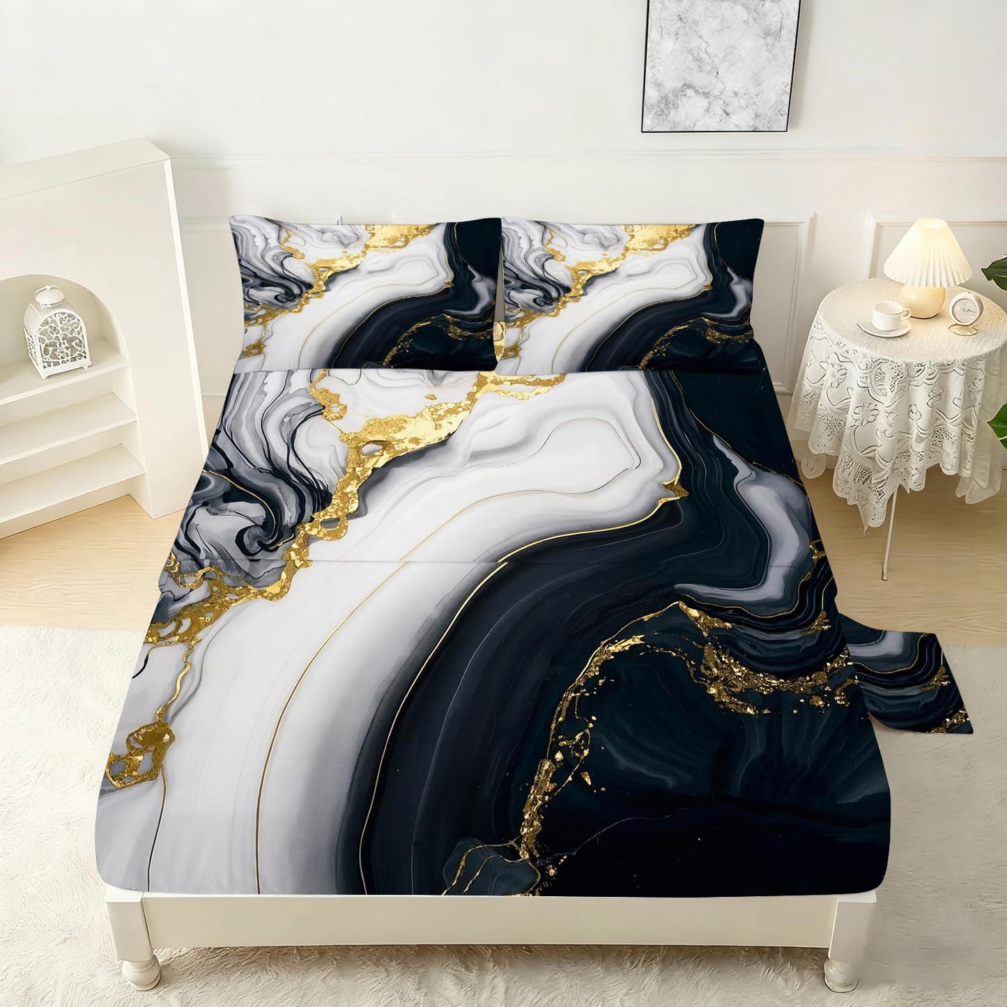 VTKON Black Gold Marble Sheets Sets Twin Size Elegant Marbling Fitted Sheet Set 3D Marble Bed Sheet for Kids Teens Adults Modern Bedspread 1 Fitted Sheet+1 Flat Sheet+1 Pillowcase