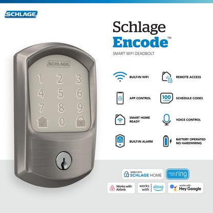Schlage Encode Smart WiFi Deadbolt Lock for Front Door - Keyless Entry with App or Touchscreen - Works with Alexa, Hey Google, & Airbnb - Create Codes for Guests - Matte Black