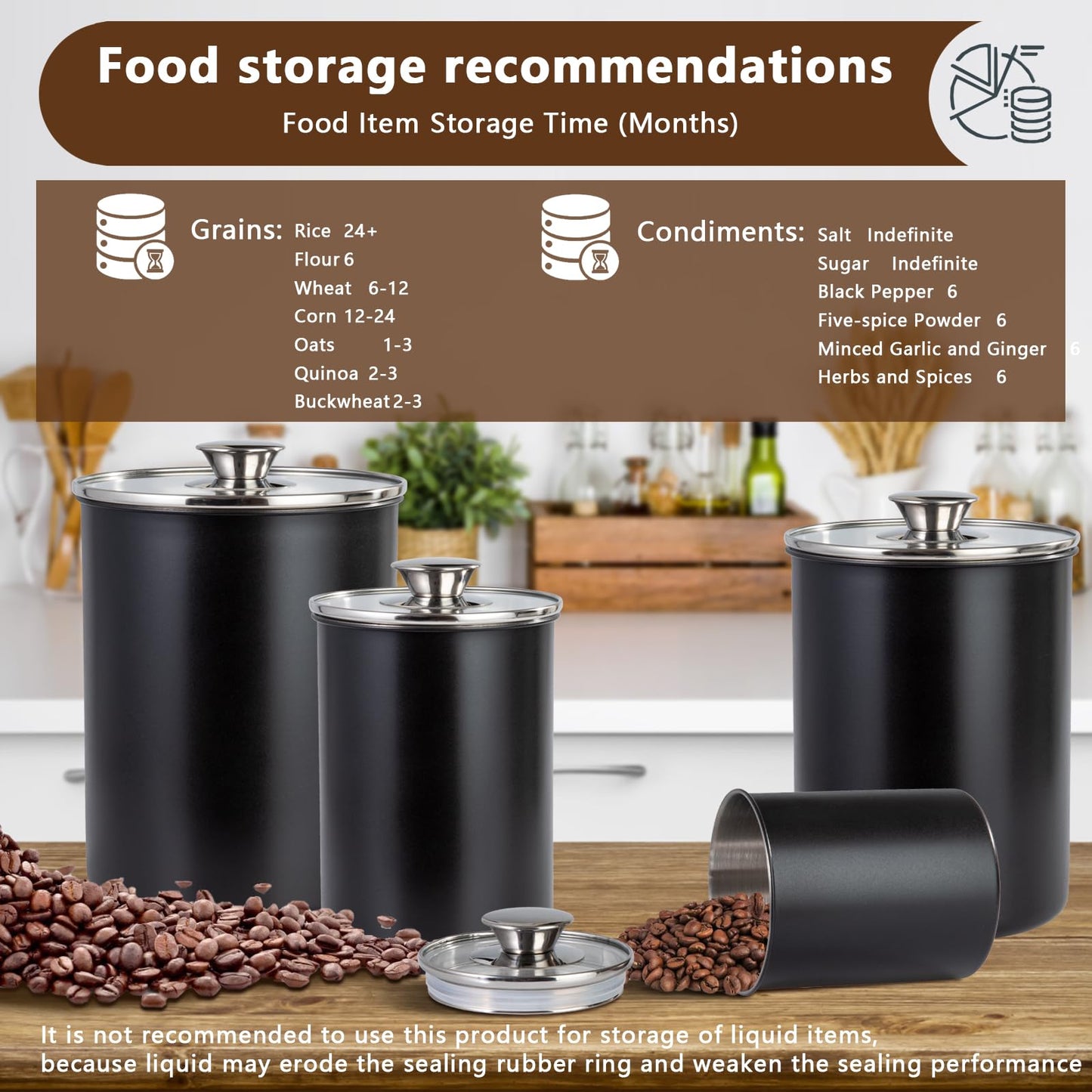 malmo Stainless Steel Food Canister Set of 4-Piece, 16/49/85/132 Ounces,Airtight Containers with Glass Lid for Tea,Coffee,Sugar,Flour,Pantry Kitchen Storage Storeroom Counter (Black)