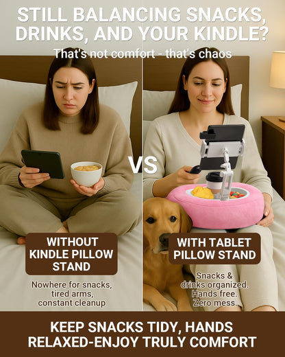 Tablet & Kindle Pillow Stand for Bed, Adjustable iPad Holder for Couch and Lap with 2 Snack Bowls, Cup Holder, 50 Disposable Liners and Washable Cover, Pink