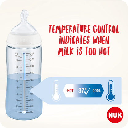 NUK First Choice+ Baby Bottles Set | 0-6 Months | Temperature Control | Anti Colic Vent | 300 ml | BPA-Free | Silicone Teat | 3 Count | Safari
