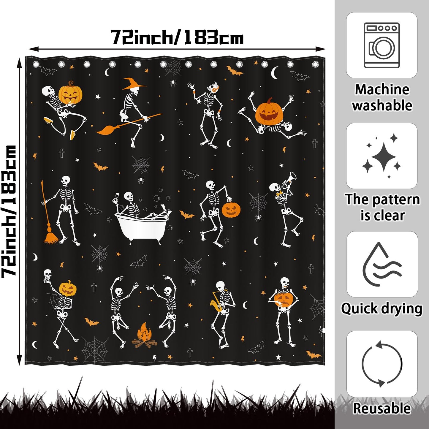 BOARDFEB Halloween Skull Shower Curtain for Bathroom 72 x 72 Inches Funny Black and White Gothic Skeleton Dance Water-Repellent Fabric Shower Curtains Pumpkins Dancing Bath Decor with 13 Hooks