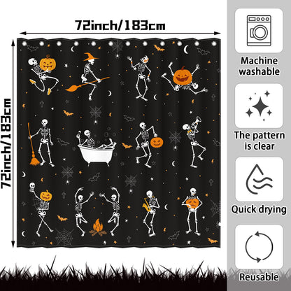 BOARDFEB Halloween Skull Shower Curtain for Bathroom 72 x 72 Inches Funny Black and White Gothic Skeleton Dance Water-Repellent Fabric Shower Curtains Pumpkins Dancing Bath Decor with 13 Hooks