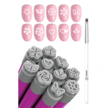 Beetles Nail Art Brushes 8pcs – Crystal Nail Art Tools 5pcs Double-headed Nails Dotting Tool, 3pcs Striping Liner Brushes for Nails with Pearls Bowknot Stickers, DIY Home Salon Manicure Design Tools