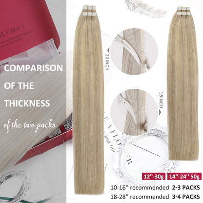 Moresoo Tape in Hair Extensions Human Hair 18 Inch Hair Extensions Tape Real Hair Ash Blonde with Platinum Blonde Tape in Extensions Remy Human Hair #P18/613 20 Pieces/50g