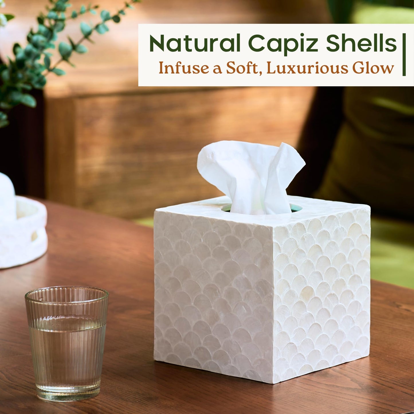 CHI AN HOME 5.5” Capiz Tissue Box Cover, Square Decorative Tissue Holder with Bottom Slider, Handmade Bathroom Accessories, Elegant White Cube for Vanity, Bedroom, Office & Coastal Décor (Natural)