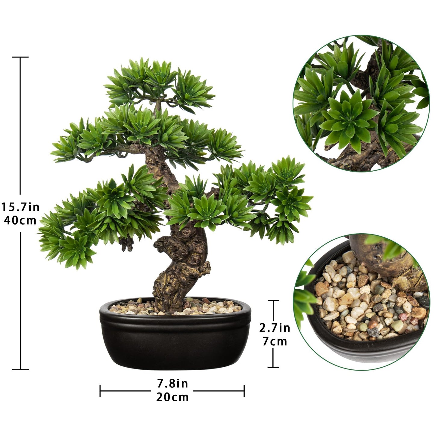 Fake Bonsai Tree Small Bonsai Plant 15.7” Tall Artificial Bonsai Trees with Black Pot Decorated with Pebbles Desk Plant Indoor Bonsai for Home Office Decor