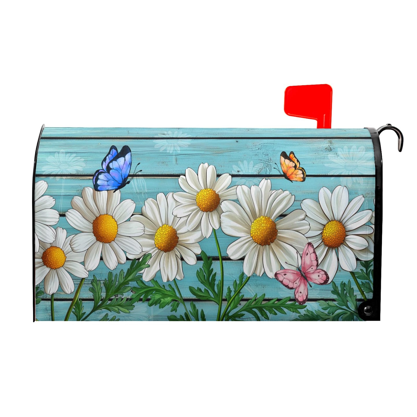 Rustic Spring Summer Daisy Mailbox Covers Magnetic Large Size Spring Teal Old Wood Board Magnetic Mailbox Covers Daisy Floral Mailbox Wrap Post Letter Box Cover for Garden Yard Decor 25x21 Inch